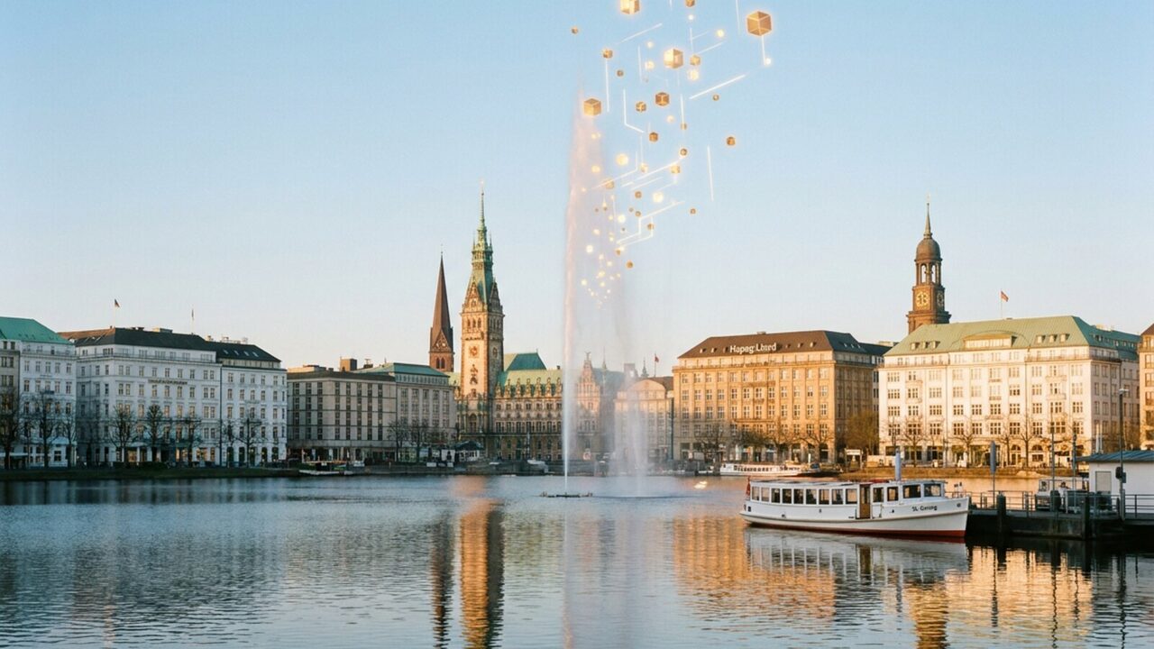 Die Binnenalster am frühen Morgen mit der Fontäne; deren Spitze löst sich in leuchtende Würfel auf