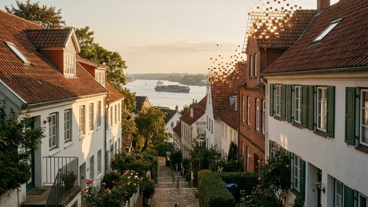Das Treppenviertel in Blankenese im Abendlicht; die obersten Dächer lösen sich in leuchtende Würfel auf