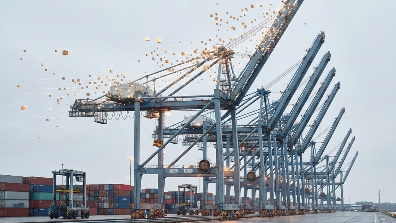 Eine Reihe Containerbrücken im Hamburger Hafen unter hellem Grau; der Ausleger der vorderen Brücke löst sich in leuchtende Würfel auf