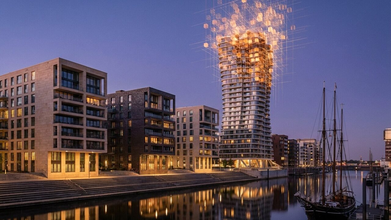 Die HafenCity in der Dämmerung; die oberen Geschosse eines Turms lösen sich in leuchtende Würfel auf