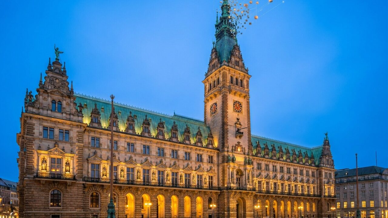 Das Hamburger Rathaus zur blauen Stunde; die Turmspitze löst sich in ein Raster leuchtender Würfel auf