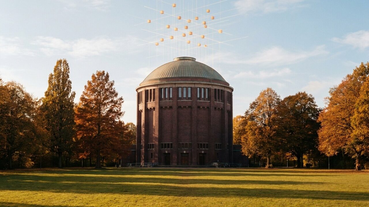 Die große Wiese im Hamburger Stadtpark mit dem Planetarium im Herbstlicht; über der Kuppel lösen sich leuchtende Würfel